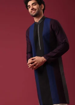 Blue Pintuck Colorblock Kurta Set in Silk