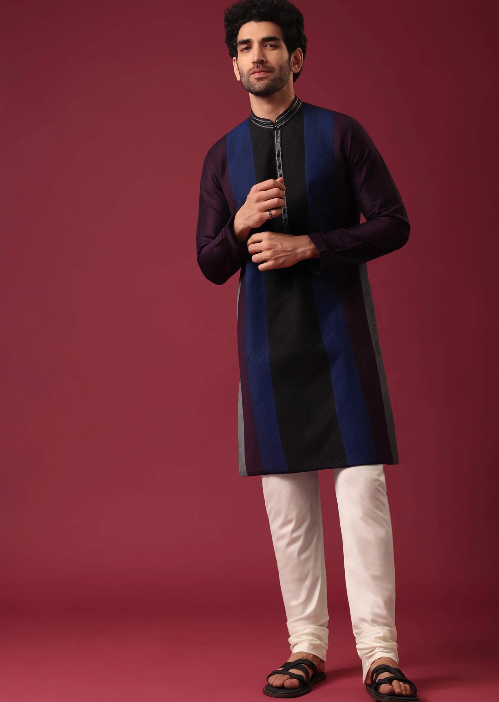 Blue Pintuck Colorblock Kurta Set in Silk