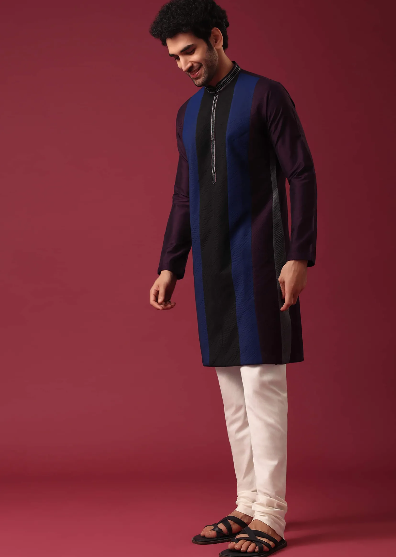 Blue Pintuck Colorblock Kurta Set in Silk