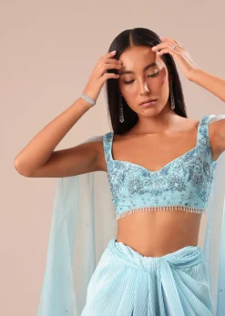 Blue Pre Pleated Twisted Skirt And Blouse With Attched Cape