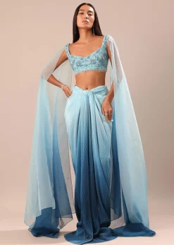 Blue Pre Pleated Twisted Skirt And Blouse With Attched Cape