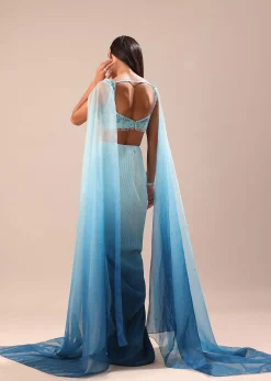 Blue Pre Pleated Twisted Skirt And Blouse With Attched Cape