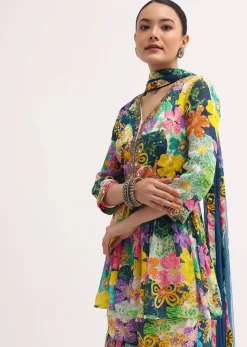 Blue Printed Chiffon Kurta Sharara Set