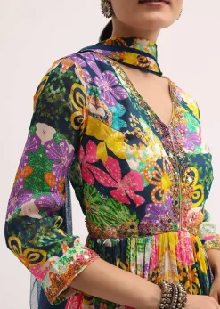Blue Printed Chiffon Kurta Sharara Set