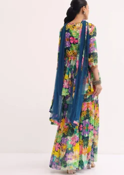 Blue Printed Chiffon Kurta Sharara Set