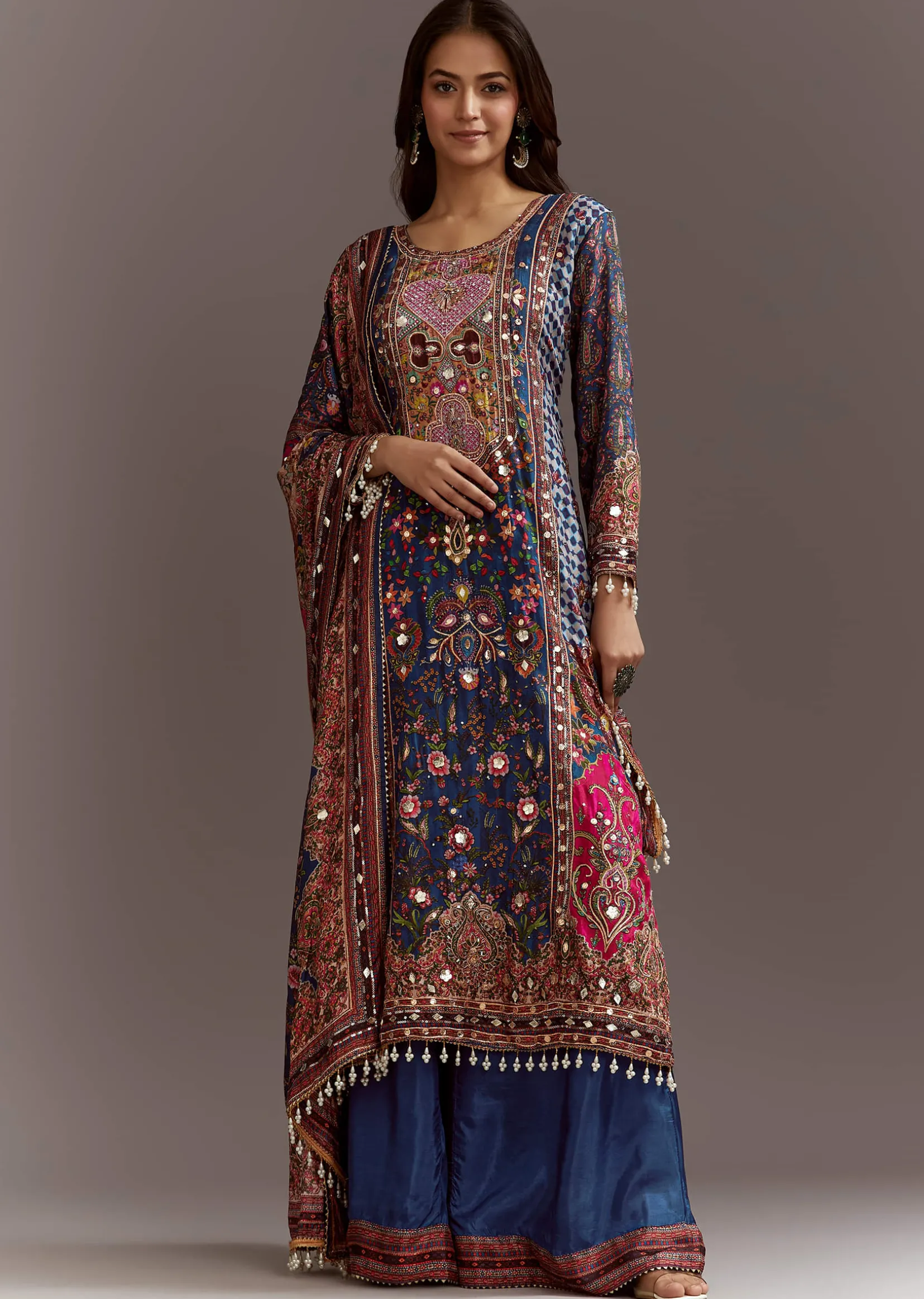 Blue Printed Gotta Lace Sequin Kurta Set With Floral Print Dupatta