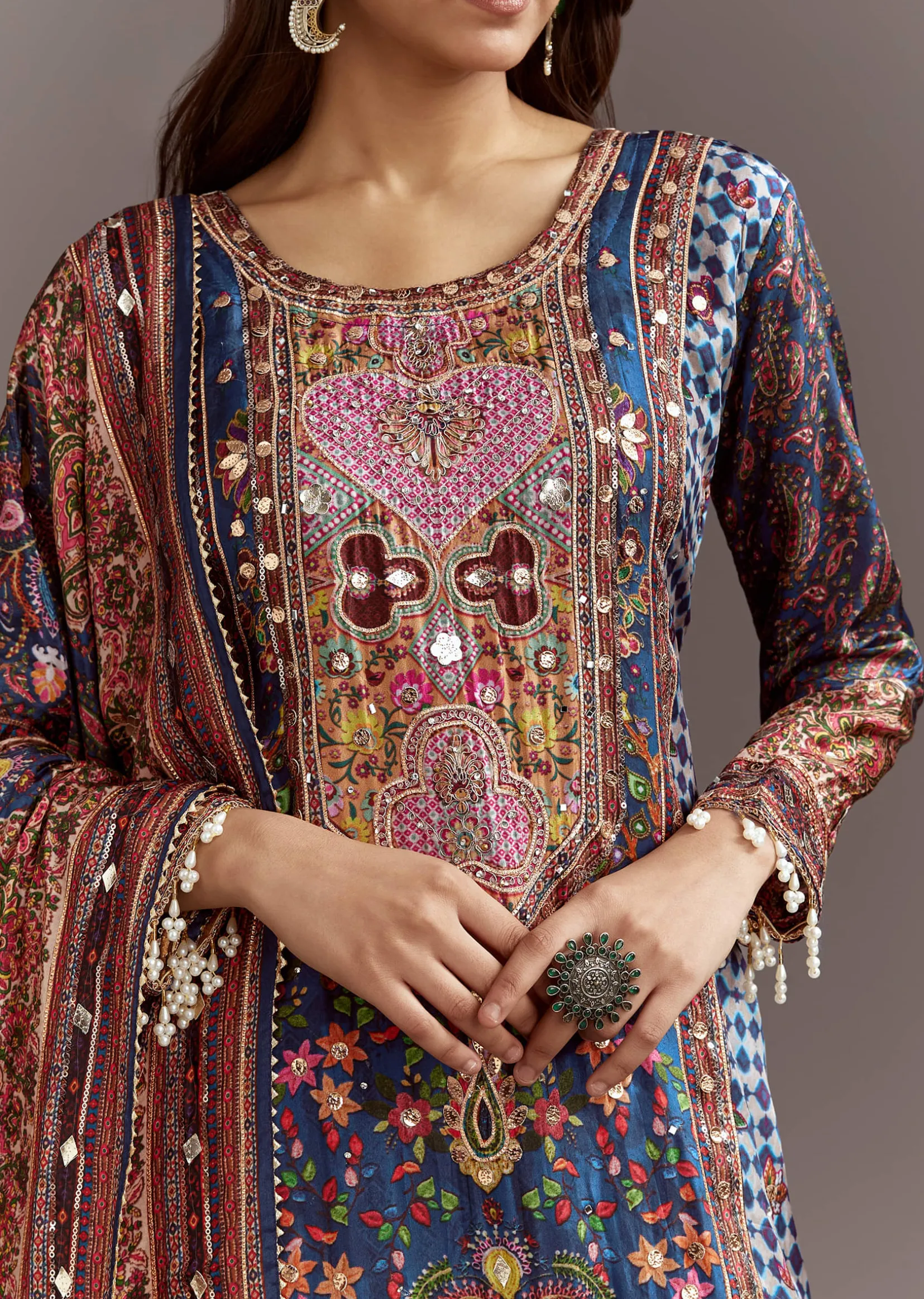 Blue Printed Gotta Lace Sequin Kurta Set With Floral Print Dupatta