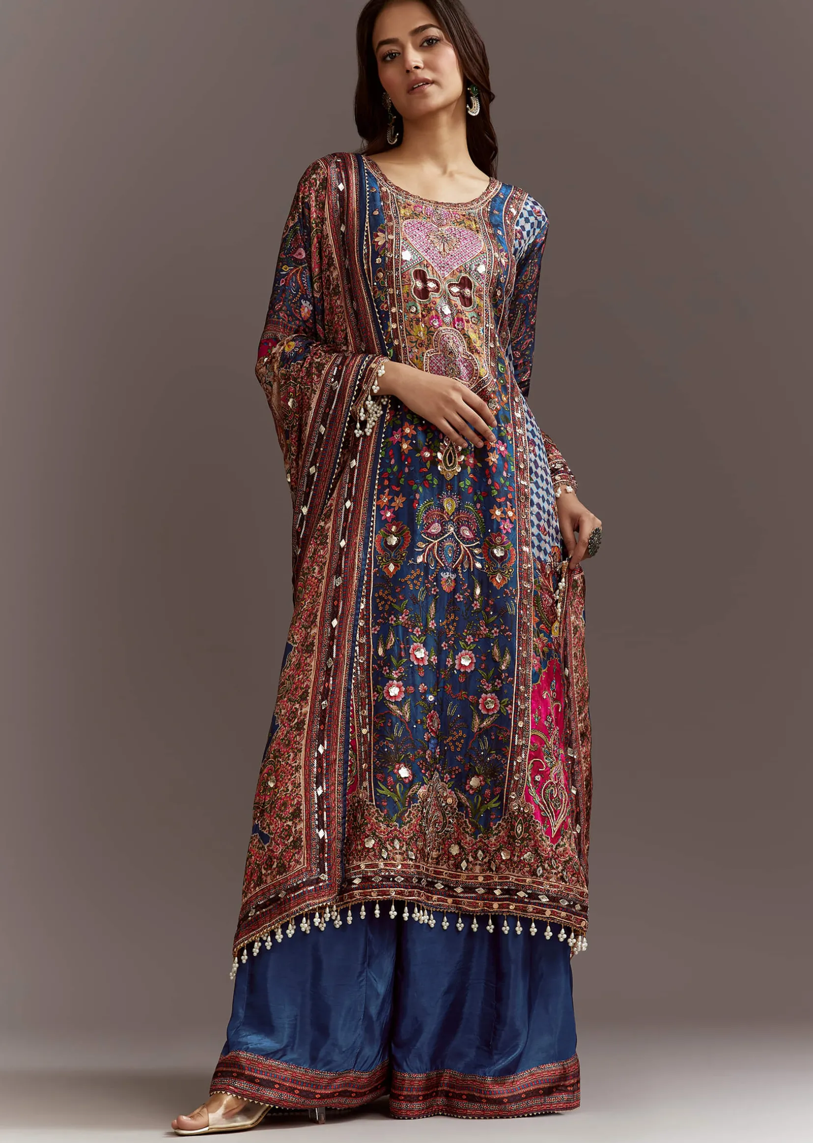 Blue Printed Gotta Lace Sequin Kurta Set With Floral Print Dupatta