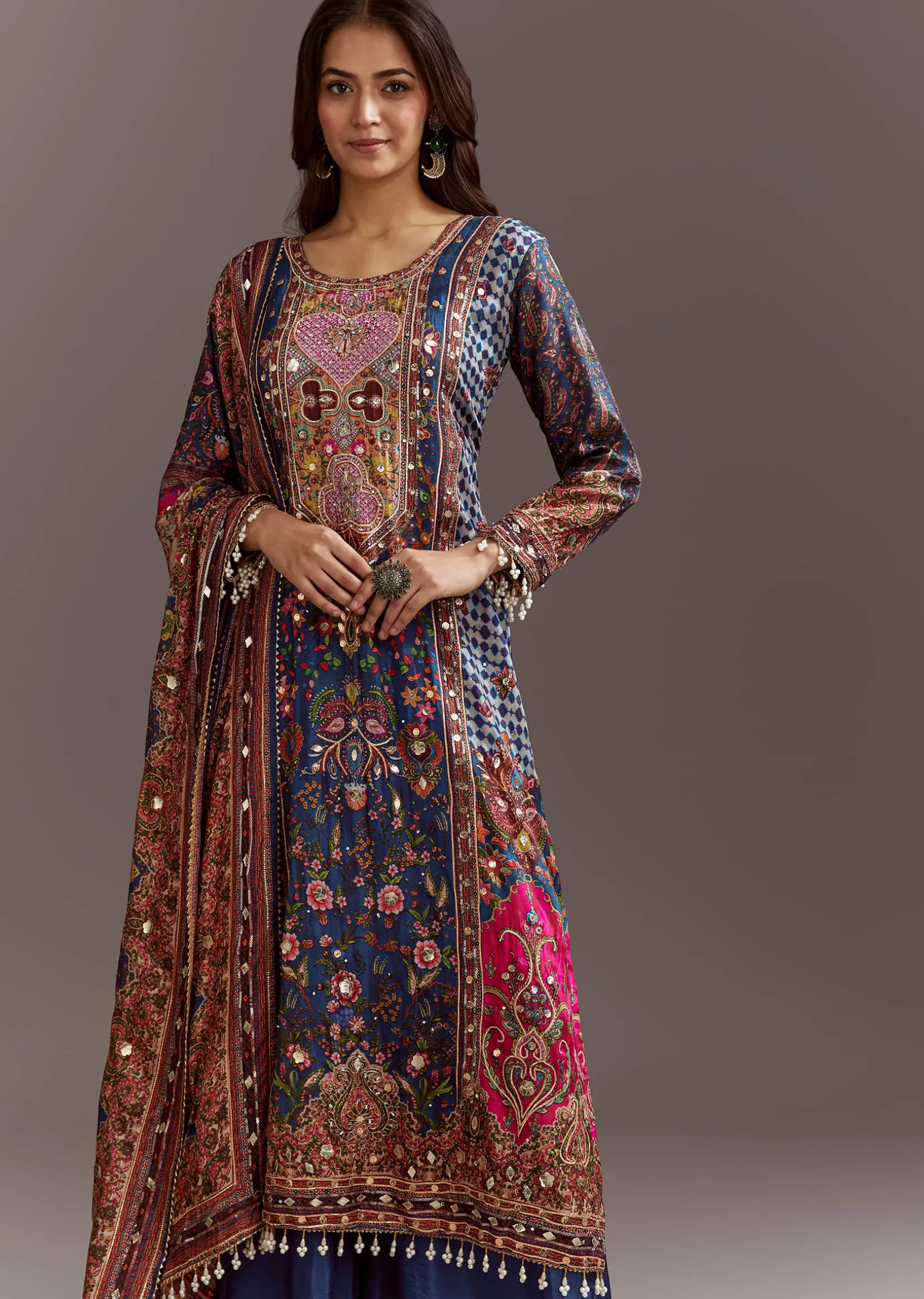 Blue Printed Gotta Lace Sequin Kurta Set With Floral Print Dupatta