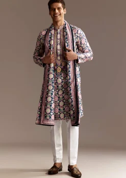 Blue Printed Kurta Dupatta Set With Mirror Work
