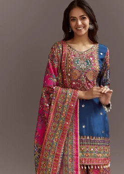 Blue Printed Kurta Palazzo Set With Gotta Lace And Sequins Work