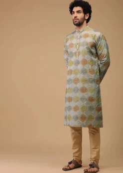Blue Printed Kurta Set In Handwoven Silk