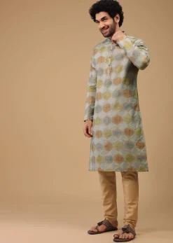 Blue Printed Kurta Set In Handwoven Silk
