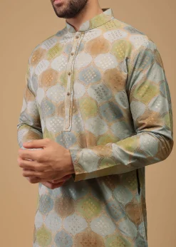 Blue Printed Kurta Set In Handwoven Silk