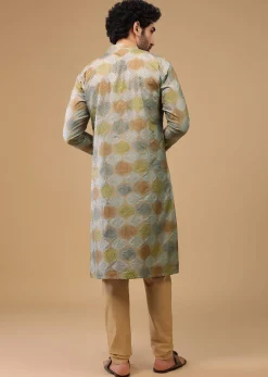 Blue Printed Kurta Set In Handwoven Silk
