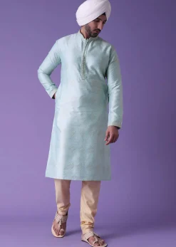 Blue Printed Kurta Set In Cotton Silk