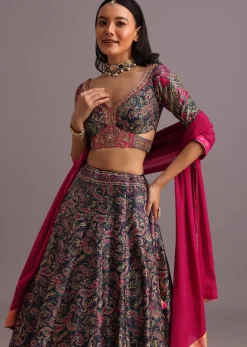 Blue Printed Lehenga Choli With Banarasi Weave Bordered Dupatta