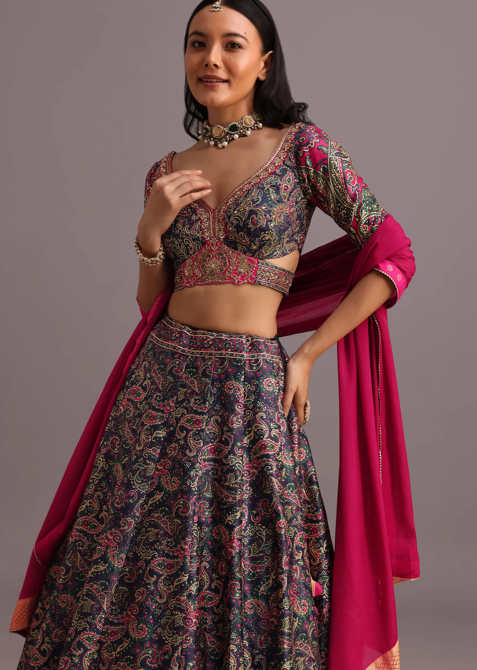 Blue Printed Lehenga Choli With Banarasi Weave Bordered Dupatta