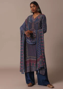 Blue Printed Palazzo Set With Stone Embellished Kurta