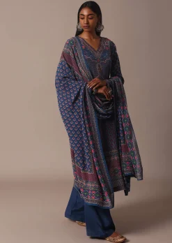 Blue Printed Palazzo Set With Stone Embellished Kurta