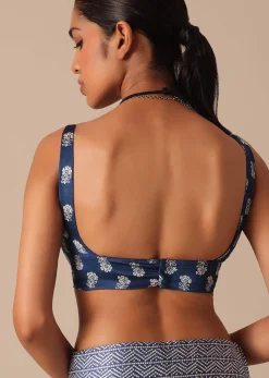 Blue Printed Saree In Satin With Tassel Detail And Unstitched Blouse Fabric