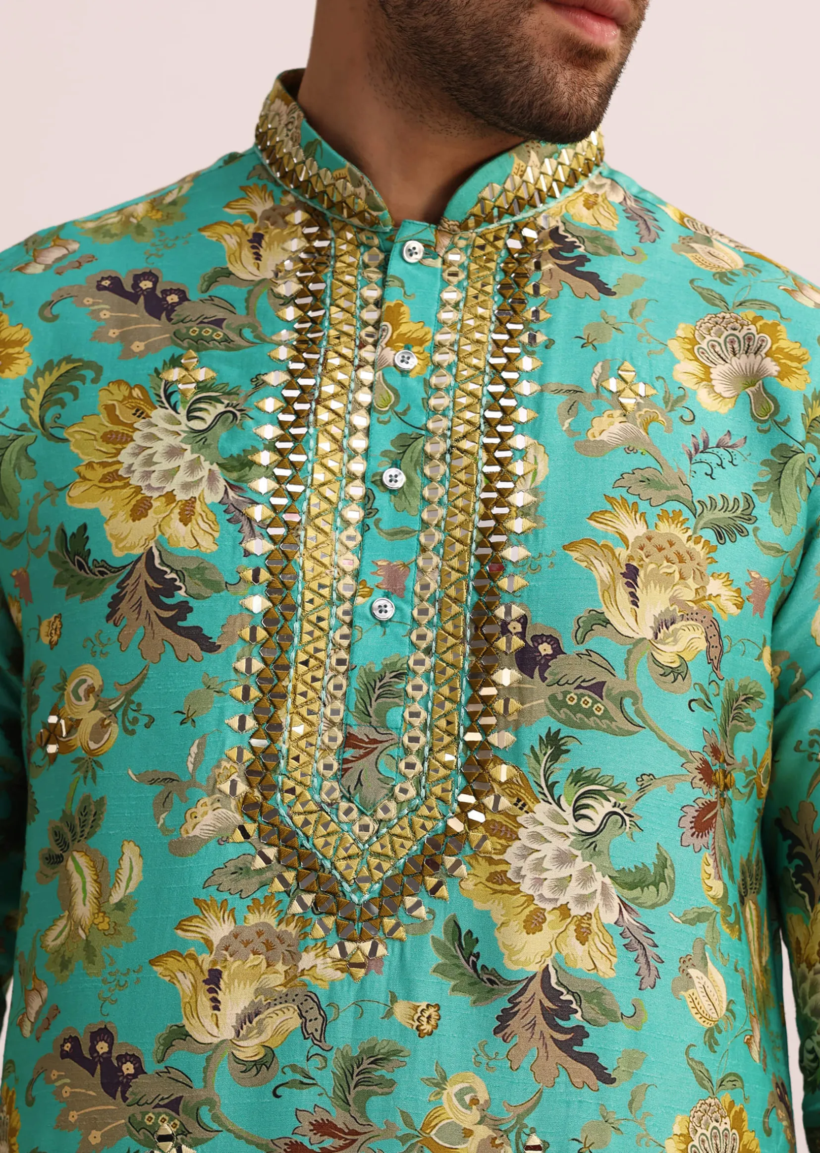Blue Printed Silk Kurta Set Wth Mirror Work