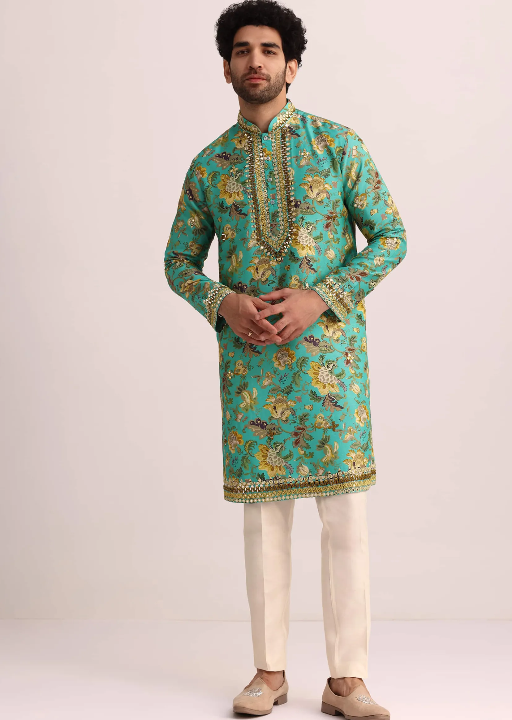 Blue Printed Silk Kurta Set Wth Mirror Work