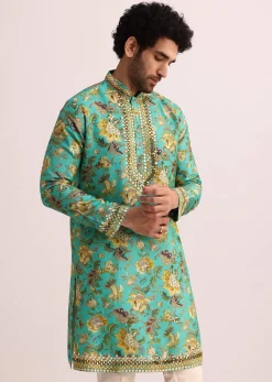 Blue Printed Silk Kurta Set Wth Mirror Work