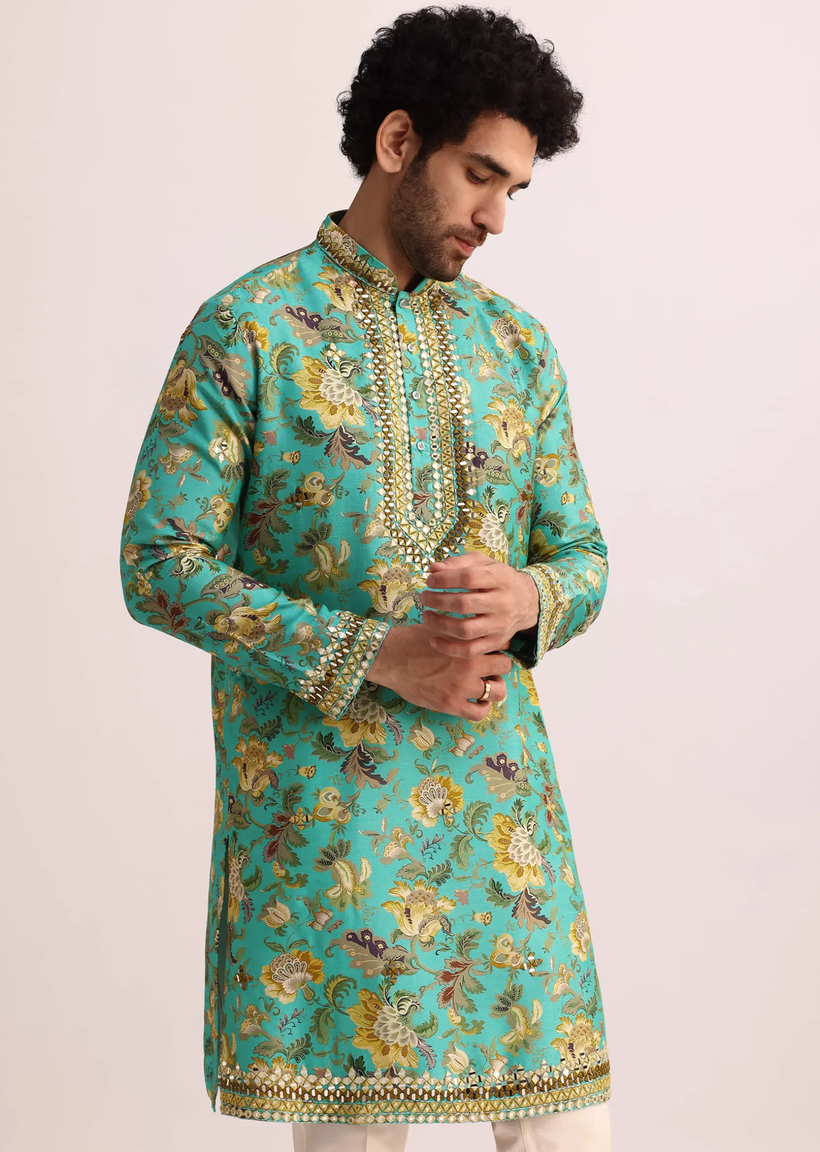 Blue Printed Silk Kurta Set Wth Mirror Work
