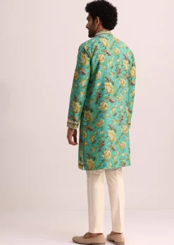 Blue Printed Silk Kurta Set Wth Mirror Work