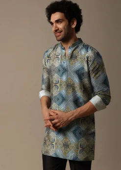 Blue Printed Silk Short Kurta Set For Men