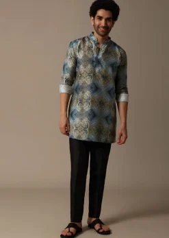 Blue Printed Silk Short Kurta Set For Men