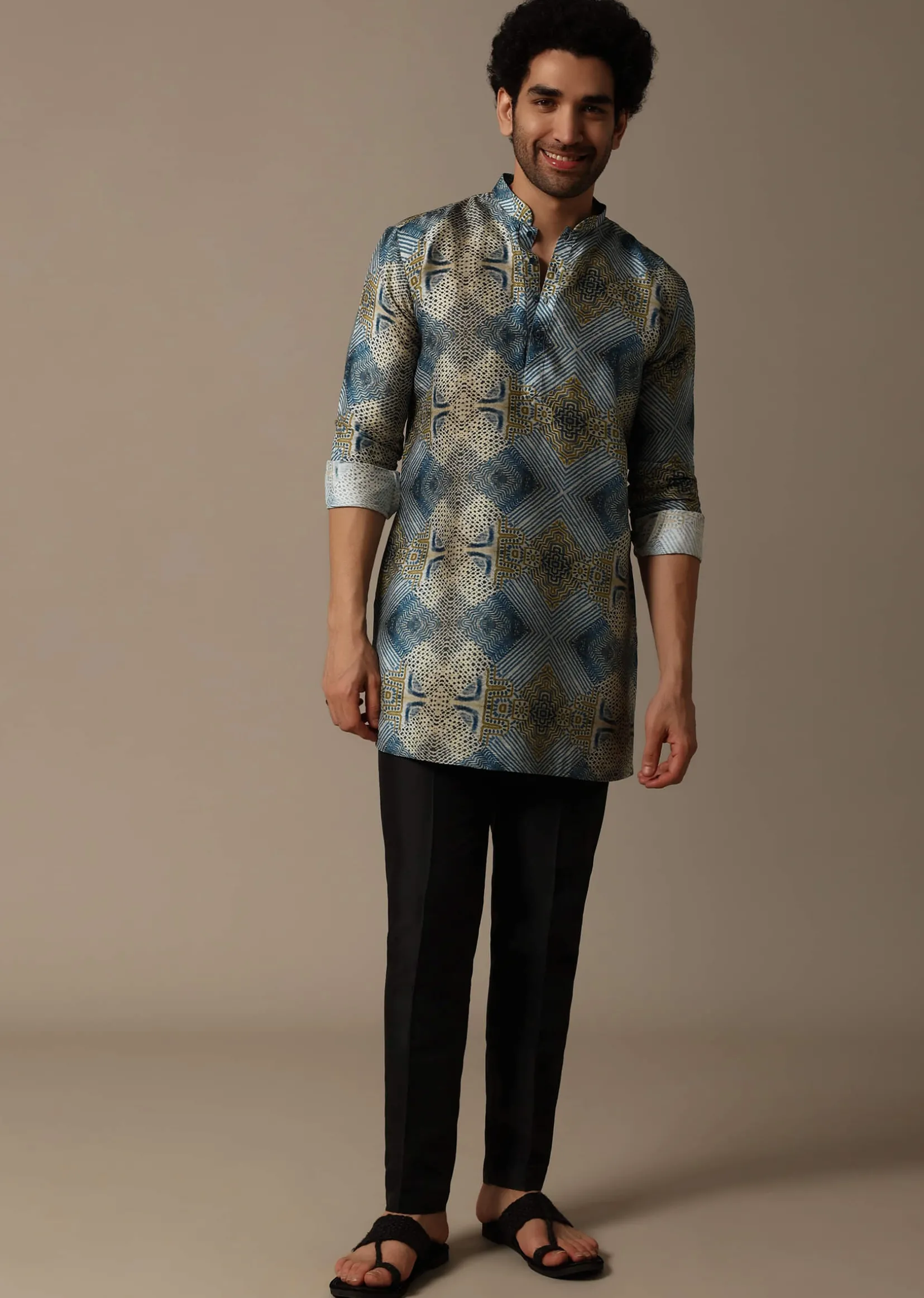 Blue Printed Silk Short Kurta Set For Men