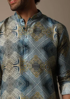 Blue Printed Silk Short Kurta Set For Men