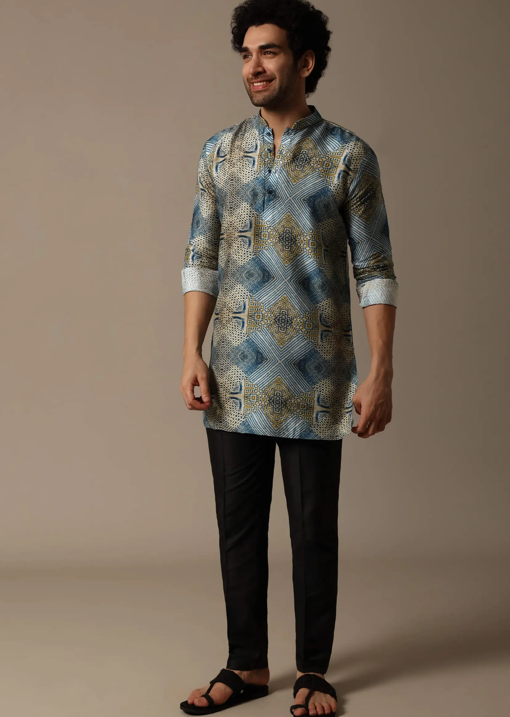 Blue Printed Silk Short Kurta Set For Men