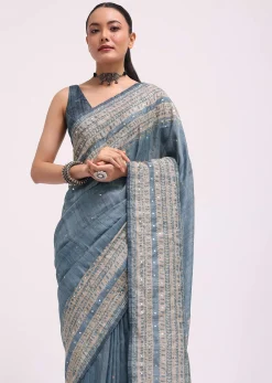 Blue Printed Tussar Silk Embroidered Saree With Unstitched Blouse