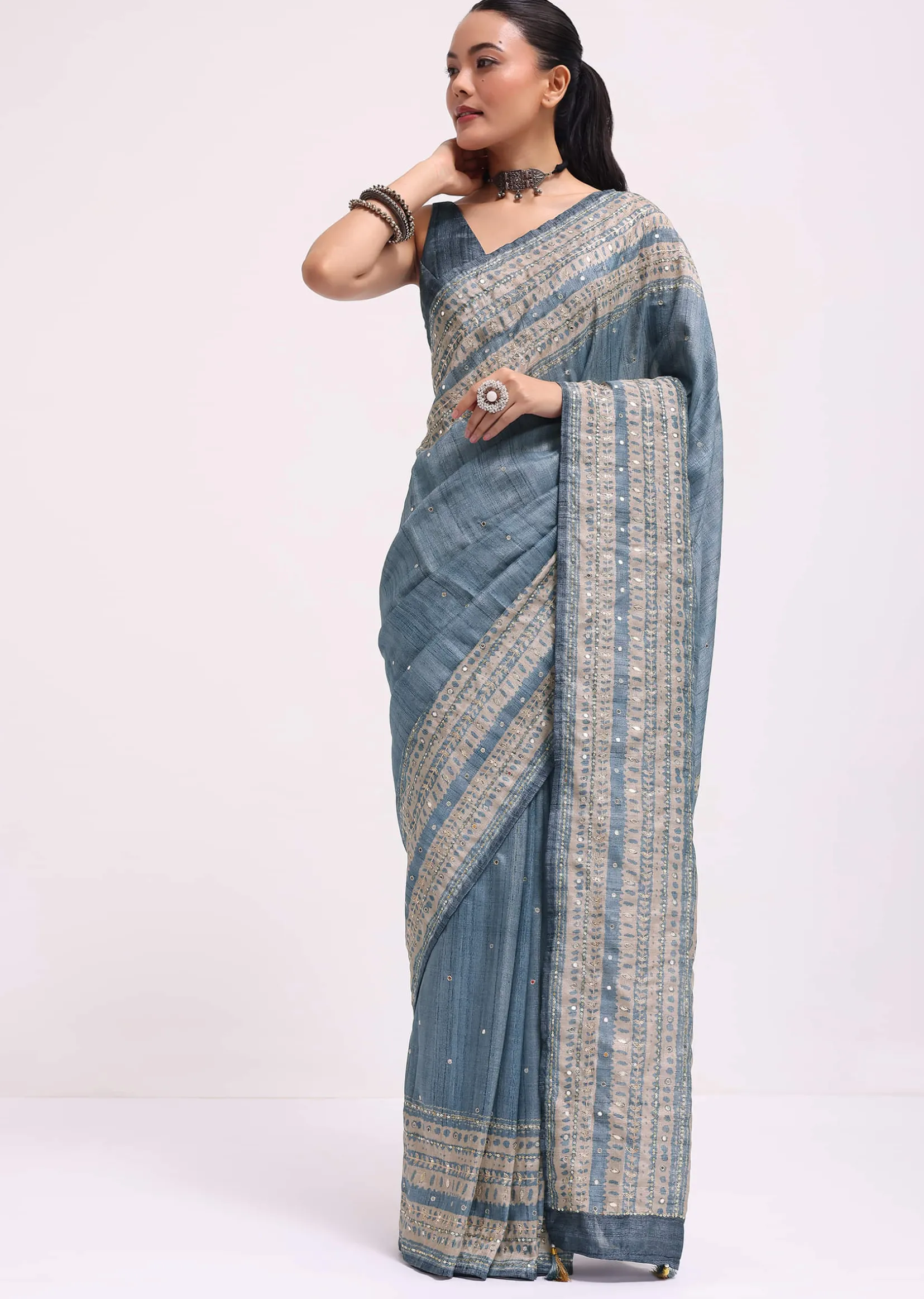 Blue Printed Tussar Silk Embroidered Saree With Unstitched Blouse