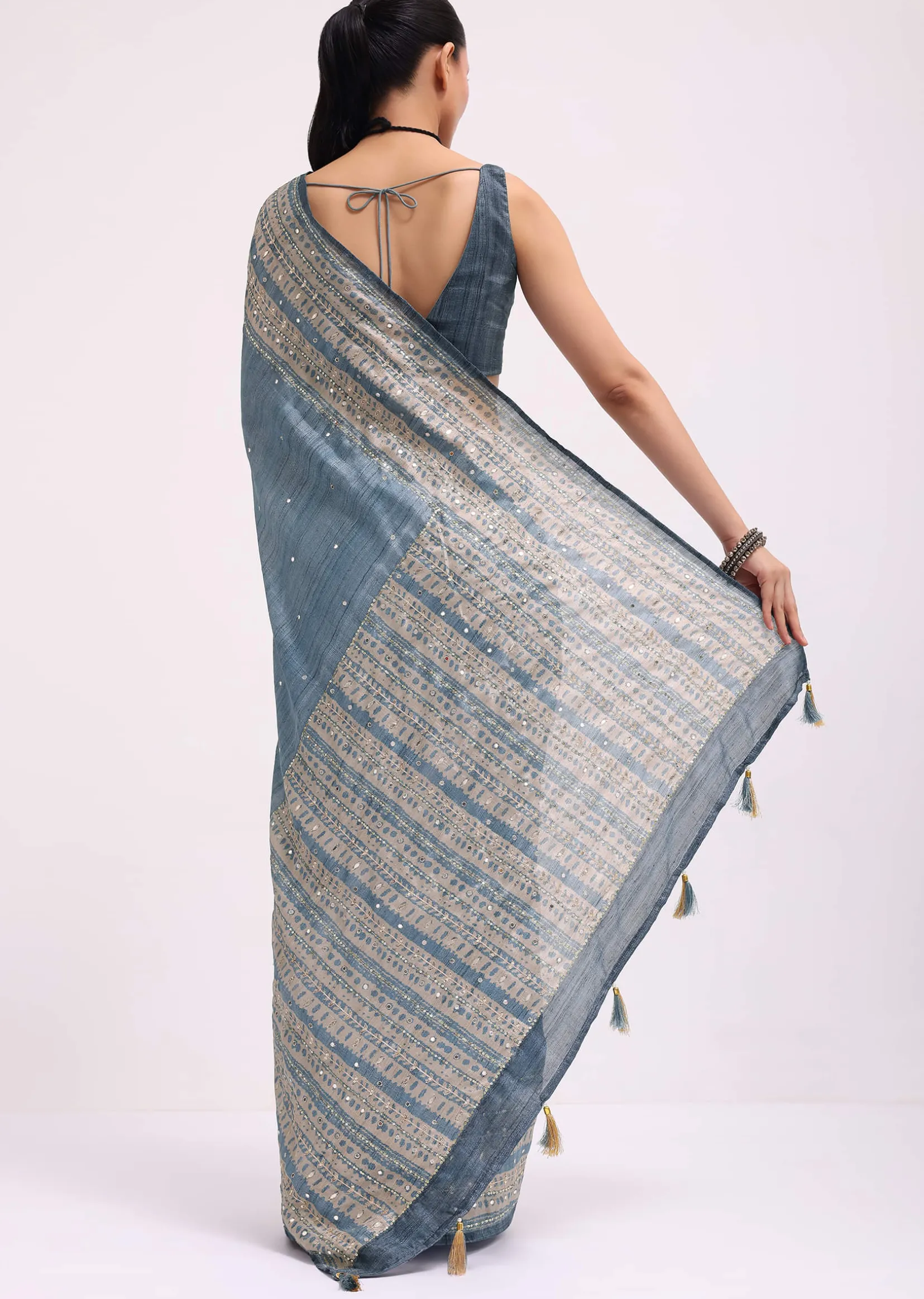 Blue Printed Tussar Silk Embroidered Saree With Unstitched Blouse