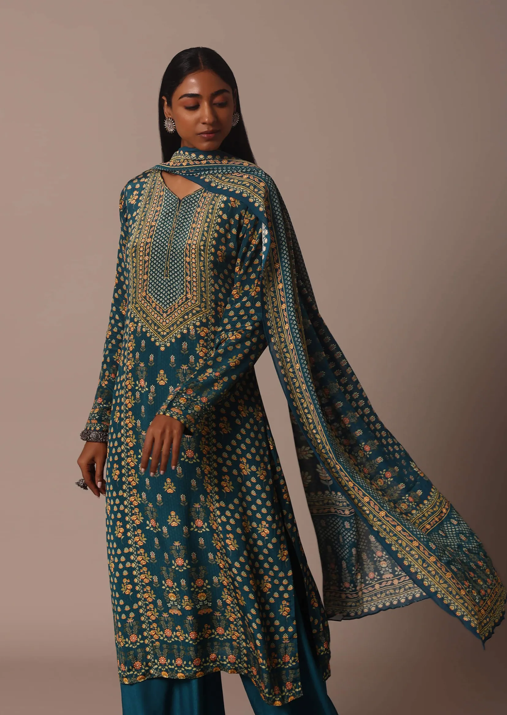 Blue Printed With Stone Detail Kurta Palazzo Set