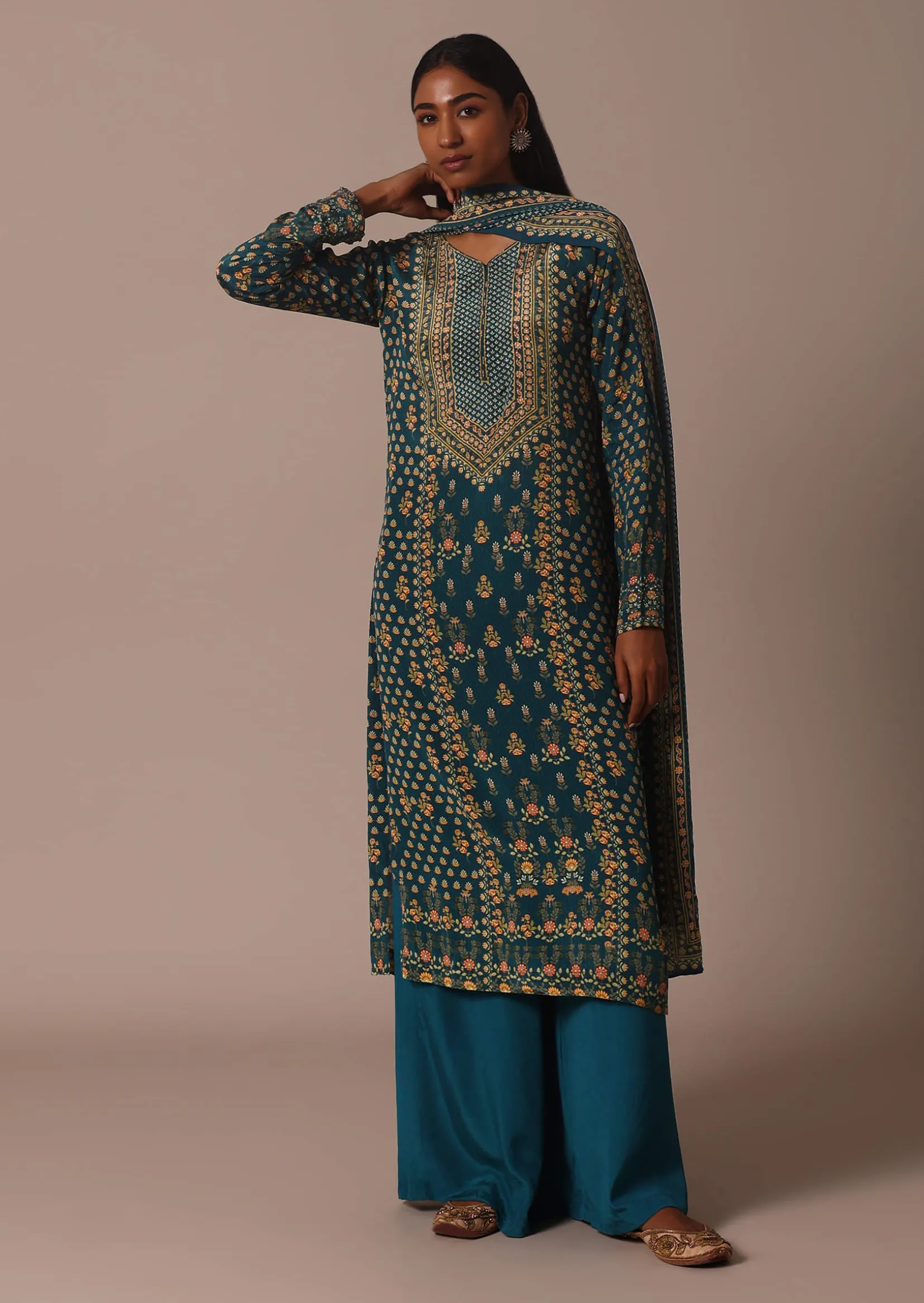 Blue Printed With Stone Detail Kurta Palazzo Set