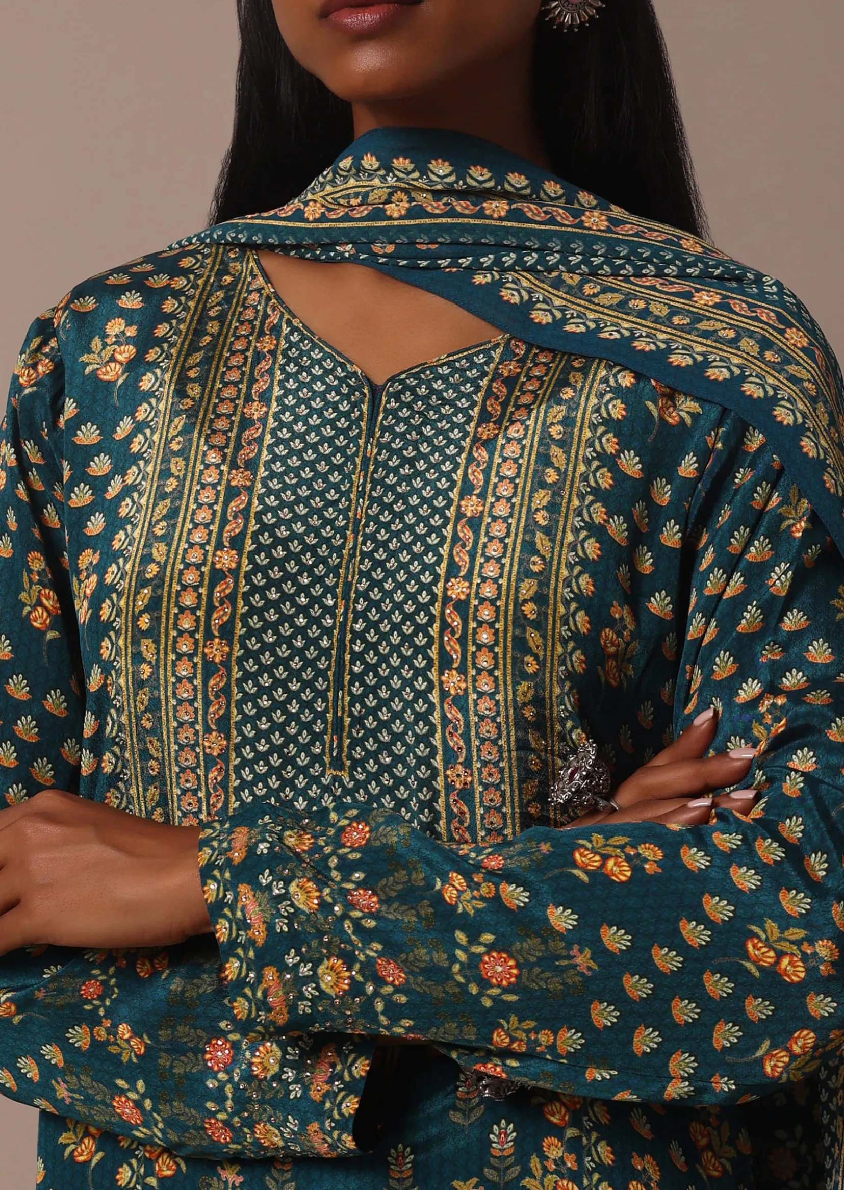 Blue Printed With Stone Detail Kurta Palazzo Set