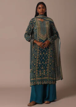 Blue Printed With Stone Detail Kurta Palazzo Set