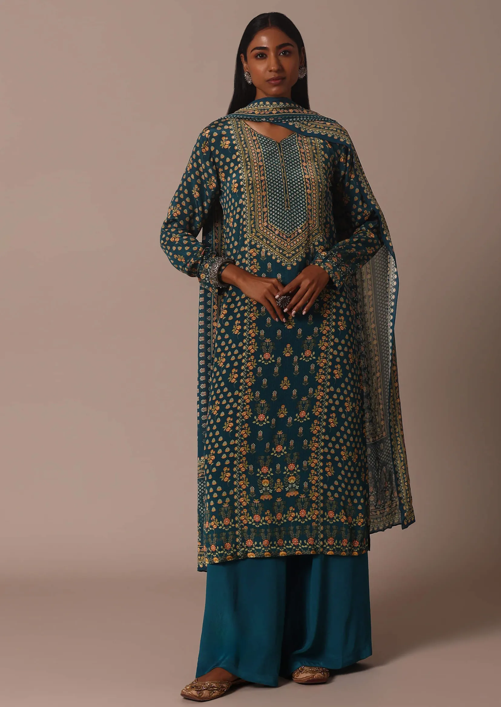 Blue Printed With Stone Detail Kurta Palazzo Set