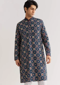 Blue Rawsilk Kurta Set With Beaded Embroidery