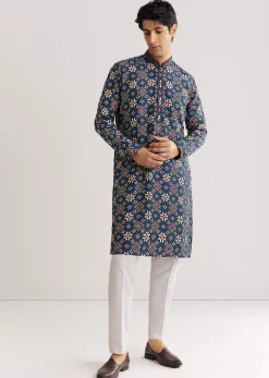 Blue Rawsilk Kurta Set With Beaded Embroidery