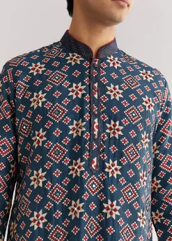 Blue Rawsilk Kurta Set With Beaded Embroidery