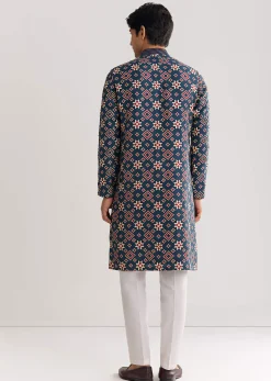 Blue Rawsilk Kurta Set With Beaded Embroidery
