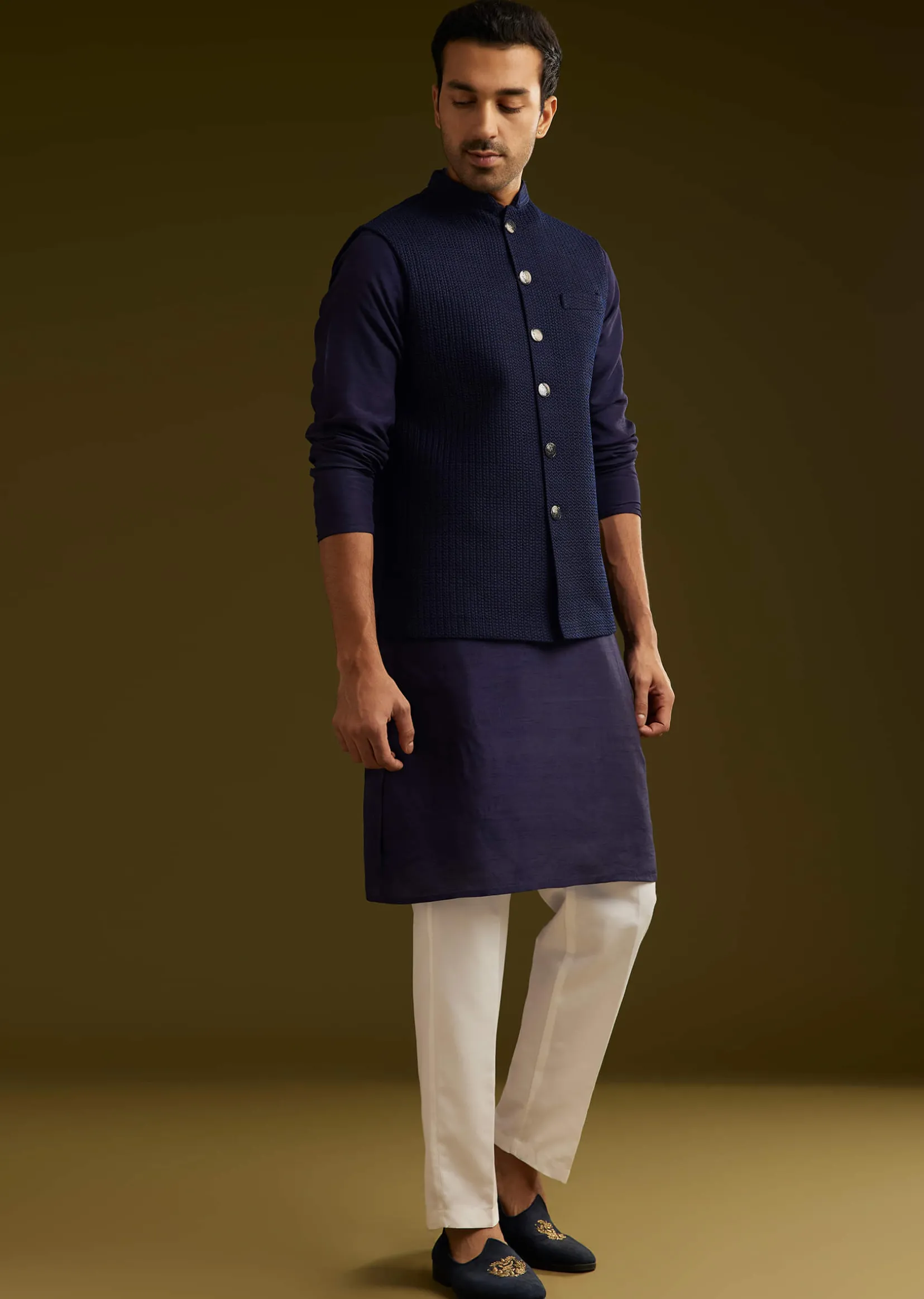 Blue Rayon Kurta Jacket Set