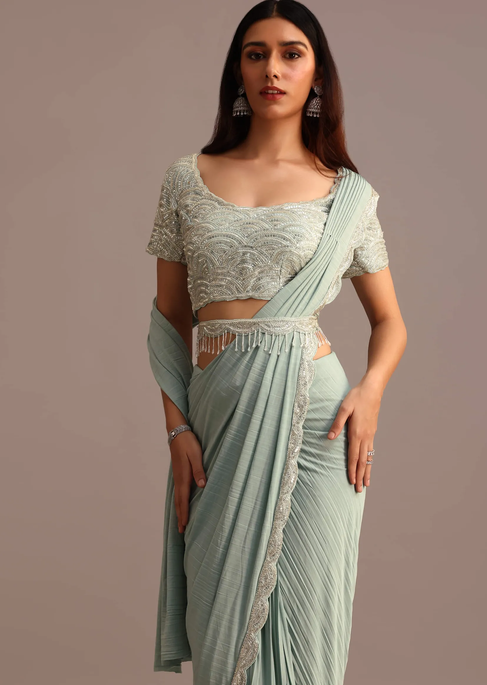 Blue Readymade Saree With Embroidered Blouse