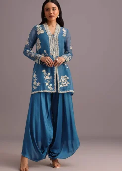 Blue Resham Work Kurti Palazzo Suit